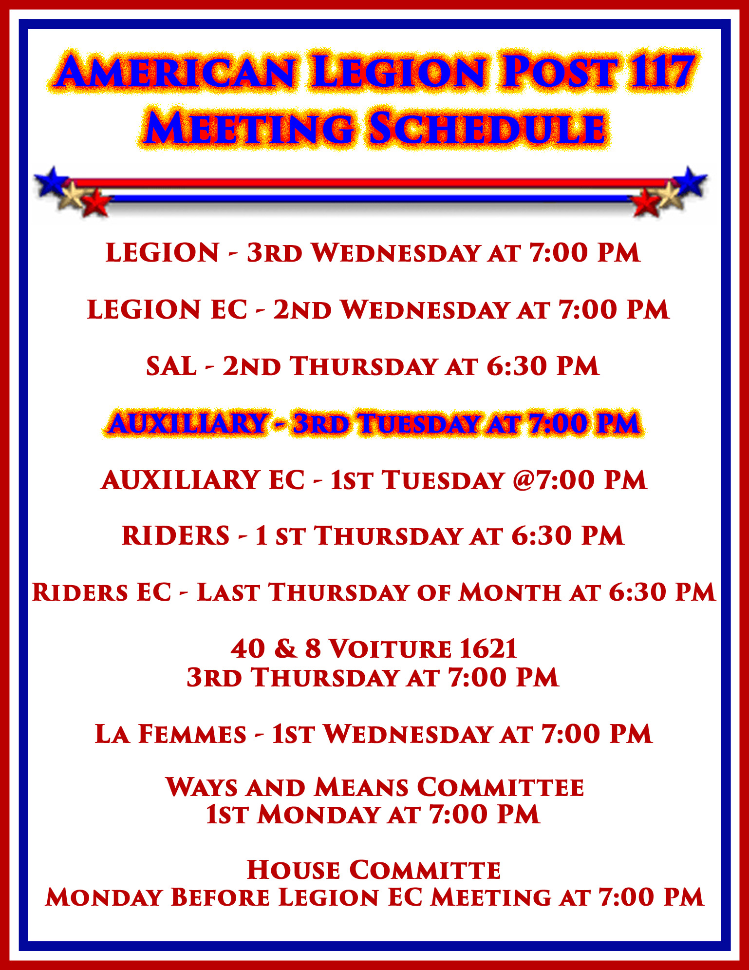 Auxiliary Meeting Scedule
